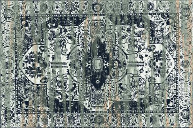 Geometrik Pers halk stili Orijinal yıkanmış halı tasarımı ve grunge desenli illüstrasyon 