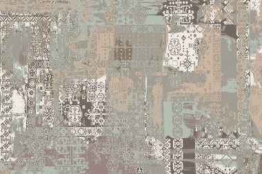Geometrik Pers halk stili Orijinal yıkanmış halı tasarımı ve grunge desenli illüstrasyon 