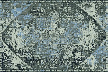 Geometrik Pers halk stili Orijinal yıkanmış halı tasarımı ve grunge desenli illüstrasyon 