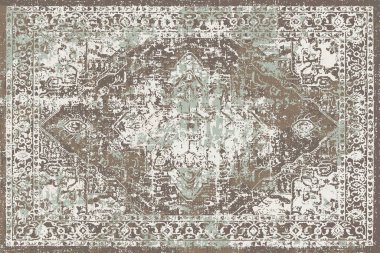 Geometrik Pers halk stili Orijinal yıkanmış halı tasarımı ve grunge desenli illüstrasyon 