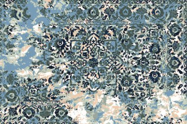 Geometrik Pers halk stili Orijinal yıkanmış halı tasarımı ve grunge desenli illüstrasyon 