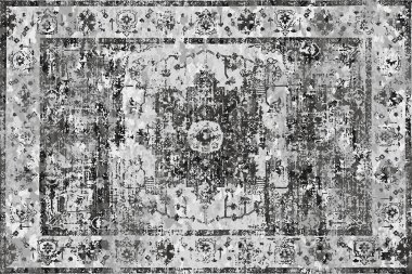 Geometrik Pers halk stili Orijinal yıkanmış halı tasarımı ve grunge desenli illüstrasyon 