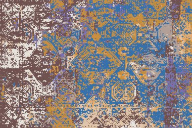 Geometrik Pers halk stili Orijinal yıkanmış halı tasarımı ve grunge desenli illüstrasyon 