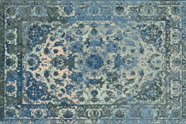 Geometrik Pers halk stili Orijinal yıkanmış halı tasarımı ve grunge desenli illüstrasyon 