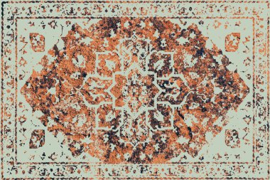 Geometrik Pers halk stili Orijinal yıkanmış halı tasarımı ve grunge desenli illüstrasyon 