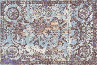 Geometrik Pers halk stili Orijinal yıkanmış halı tasarımı ve grunge desenli illüstrasyon 