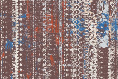 Geometrik Pers halk stili Orijinal yıkanmış halı tasarımı ve grunge desenli illüstrasyon 