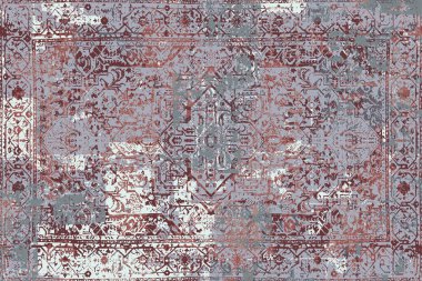 Geometrik Pers halk stili Orijinal yıkanmış halı tasarımı ve grunge desenli illüstrasyon 