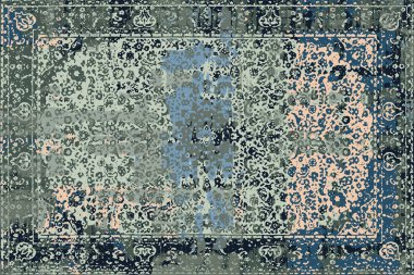 Geometrik Pers halk stili Orijinal yıkanmış halı tasarımı ve grunge desenli illüstrasyon 