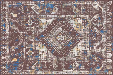 Geometrik Pers halk stili Orijinal yıkanmış halı tasarımı ve grunge desenli illüstrasyon 