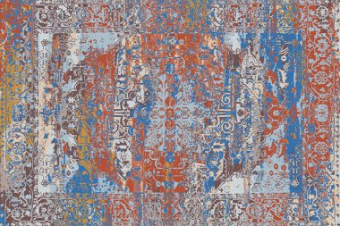 Geometrik Pers halk stili Orijinal yıkanmış halı tasarımı ve grunge desenli illüstrasyon 