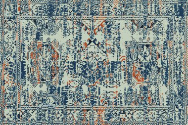 Geometrik Pers halk stili Orijinal yıkanmış halı tasarımı ve grunge desenli illüstrasyon 