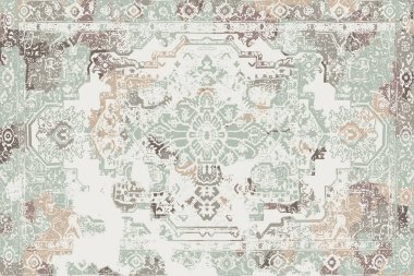 Geometrik Pers halk stili Orijinal yıkanmış halı tasarımı ve grunge desenli illüstrasyon 