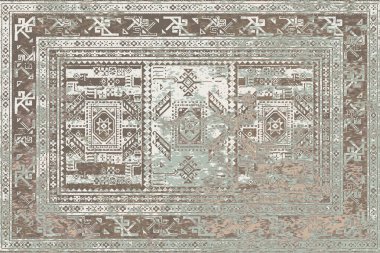 Geometrik Pers halk stili Orijinal yıkanmış halı tasarımı ve grunge desenli illüstrasyon 