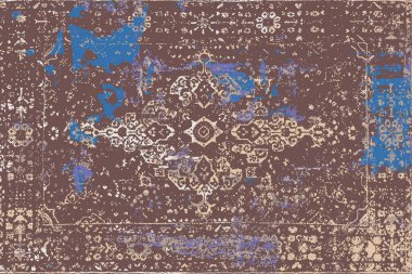 Geometrik Pers halk stili Orijinal yıkanmış halı tasarımı ve grunge desenli illüstrasyon 