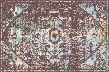Geometrik Pers halk stili Orijinal yıkanmış halı tasarımı ve grunge desenli illüstrasyon 