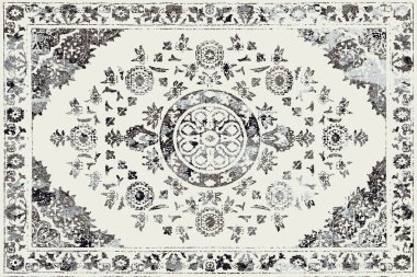 Geometrik Pers halk stili Orijinal yıkanmış halı tasarımı ve grunge desenli illüstrasyon 