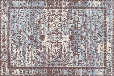 Geometrik Pers halk stili Orijinal yıkanmış halı tasarımı ve grunge desenli illüstrasyon 