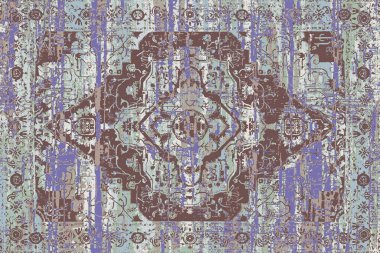 Geometrik Pers halk stili Orijinal yıkanmış halı tasarımı ve grunge desenli illüstrasyon 