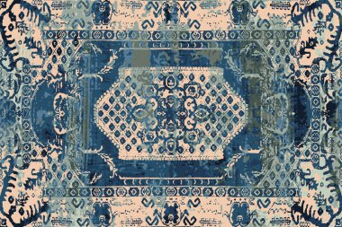 Geometrik Pers halk stili Orijinal yıkanmış halı tasarımı ve grunge desenli illüstrasyon 