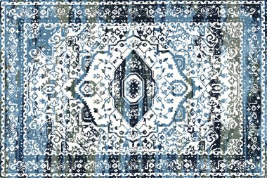 Geometrik Pers halk stili Orijinal yıkanmış halı tasarımı ve grunge desenli illüstrasyon 