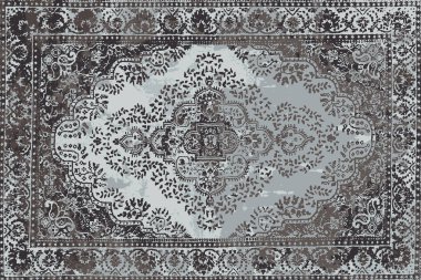 Geometrik Pers halk stili Orijinal yıkanmış halı tasarımı ve grunge desenli illüstrasyon 