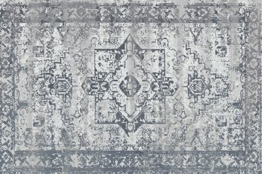 Geometrik Pers halk stili Orijinal yıkanmış halı tasarımı ve grunge desenli illüstrasyon 