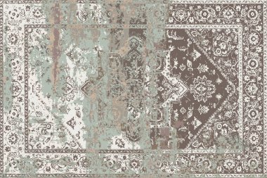 Geometrik Pers halk stili Orijinal yıkanmış halı tasarımı ve grunge desenli illüstrasyon 