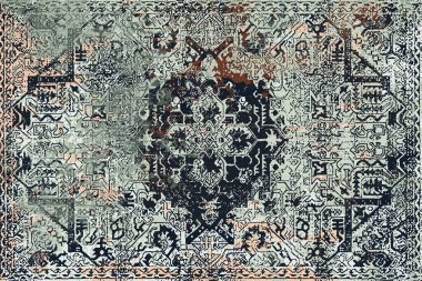 Geometrik Pers halk stili Orijinal yıkanmış halı tasarımı ve grunge desenli illüstrasyon 