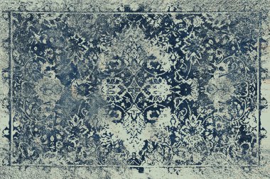 Geometrik Pers halk stili Orijinal yıkanmış halı tasarımı ve grunge desenli illüstrasyon 