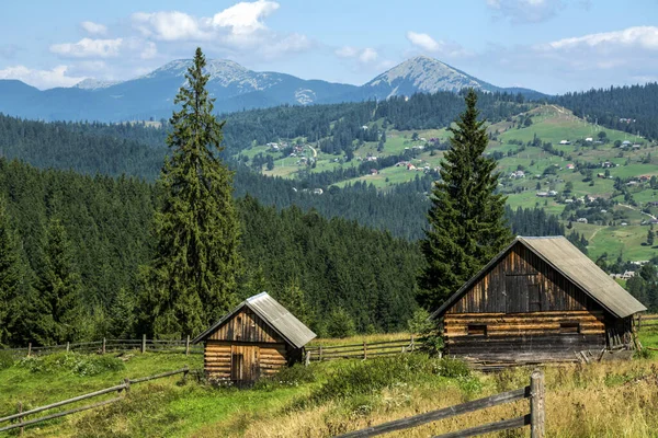 The picturesque mountain landscape overlooking the spruce forest and the resort village Vorokhta. Ukraine, Carpathian.