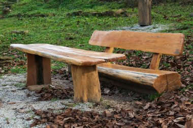 Veliko Tarnovo kenti yakınlarındaki Ksilifor parkındaki ahşap masa ve bank