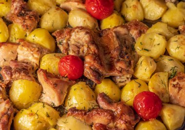 Fırın manzarasında fırında tavuklu hindi domatesleri.