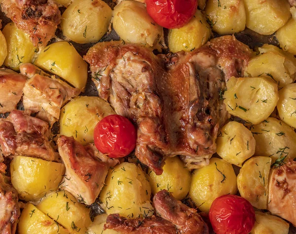 Baked Baking Sheet Potatoes Pieces Chicken Turkey Tomatoes Oven — Stock Photo, Image