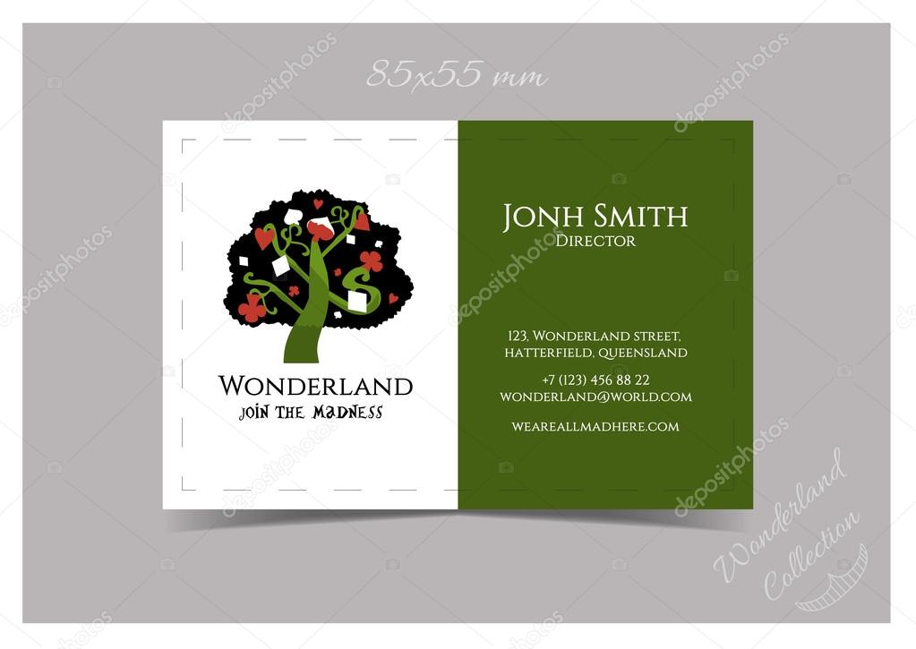 Business Card Template Size 85x55 - Tree from Wonderland Garden or Forest. Print Ready Vector Illustration for Graphic Projects, Real Life Parties and the Internet.