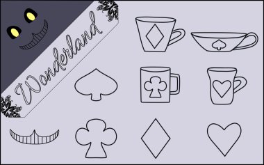 Set of Flat Line Isolated Objects from Alice in Wonderland World