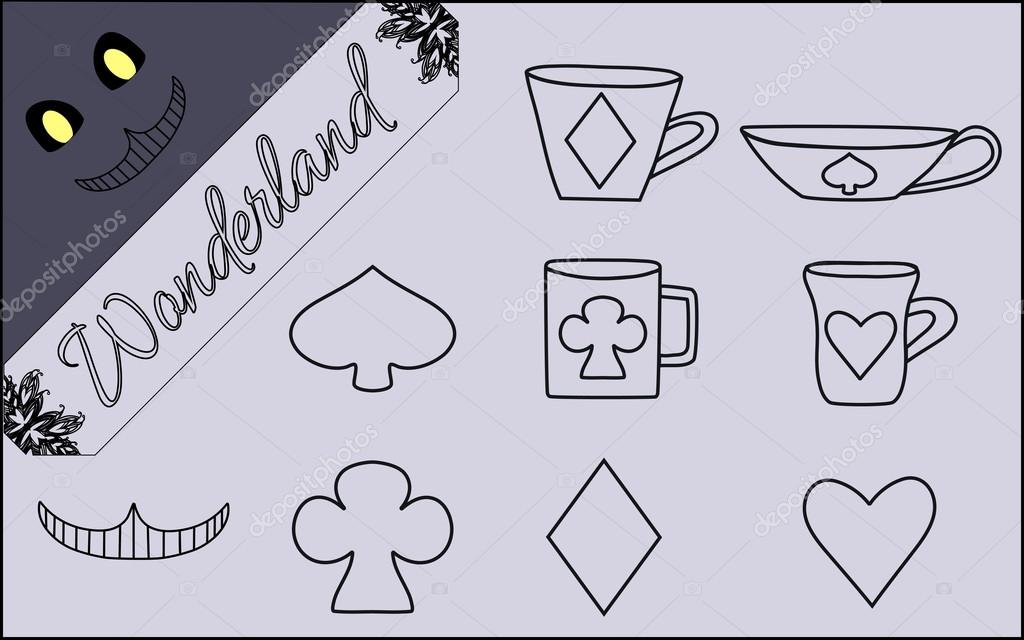 Set of Flat Line Isolated Objects from Alice in Wonderland World- Vector Illustration.