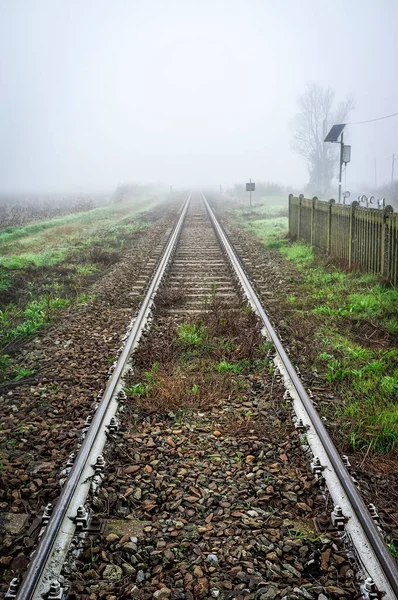 Perspectiva Ferrocarril Campo Día Nublado Invierno Imagen Color — Foto de Stock