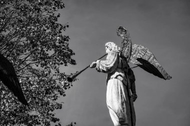 Hıristiyan melek heykeli, Sacro Monte di Orta (Piedmont, Kuzey İtalya) Mabedi 'nde. Her yıl birkaç hacı tarafından ziyaret edilir, Assisi 'li Aziz Francis' e ithaf edilir. Siyah beyaz fotoğraf.
