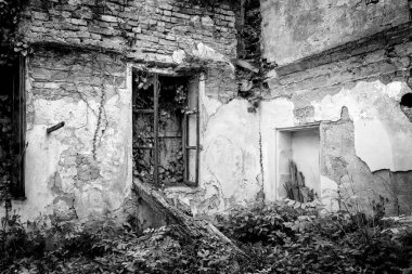 Bahar başlarında Monferrato 'nun (Piedmont, Kuzey İtalya, Alessandria Eyaleti) dağlık bölgesinde terk edilmiş ve harap olmuş eski bir ev..