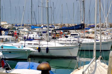 Adriyatik Denizi kıyıları boyunca eğlence tekneleriyle dolu Trieste marinasının yaz manzarası. Kuzey İtalya, Friuli Bölgesi.