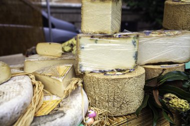 Peynir ve soğuk bir ülke pazarında oyala. Renkli görüntü