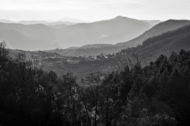 Oltrepo Pavese arka ışık panorama. Siyah ve beyaz fotoğraf