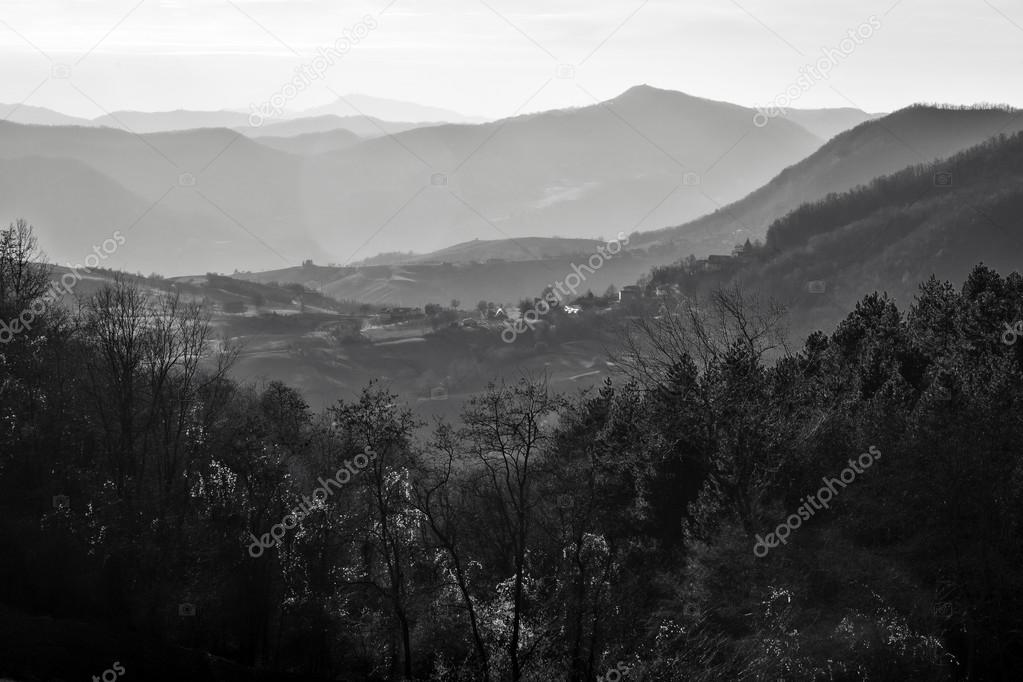 Oltrepo Pavese backlight panorama. Black and white photo