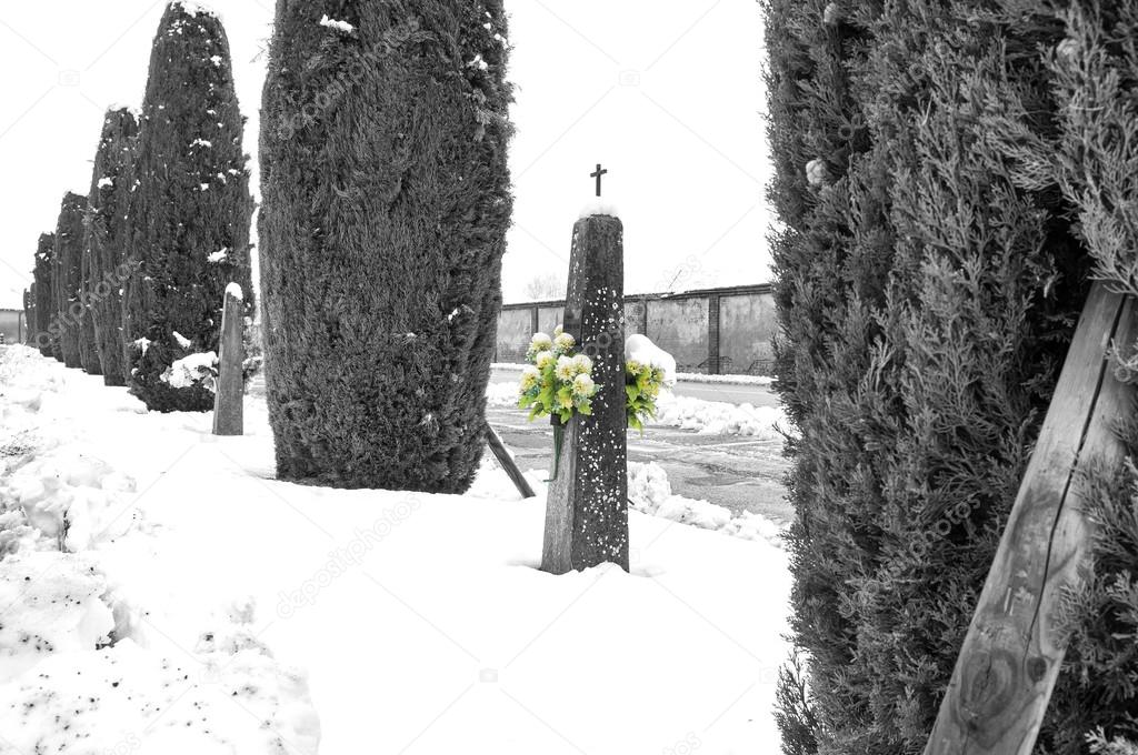 Countryside cemetery, winter landscape with snow. Black and white photo