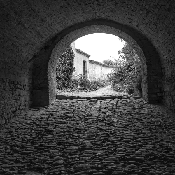 Monforte d'Alba (Cuneo); eski sokak. Siyah ve beyaz fotoğraf