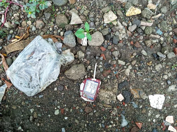 Küçük kayalarla kaplı açık arazi vahşi bitki ve endüstriyel atıklar plastik süt suyu kutusu paketi