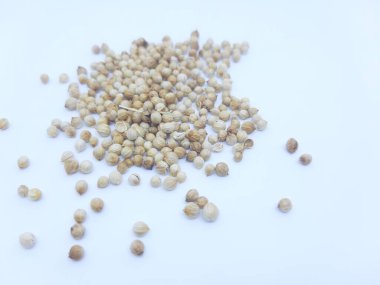 Beyaz arkaplanda izole edilmiş kurutulmuş kişniş tohumlarını kapat