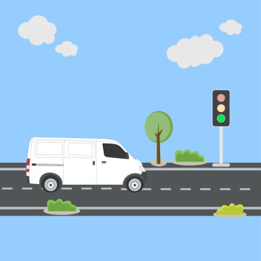 Şehirde beyaz minibüs var.