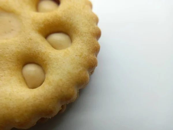 Nahaufnahme Foto Erdnussbutter Auf Keks Sandwich Mit Weißem Hintergrund — Stockfoto